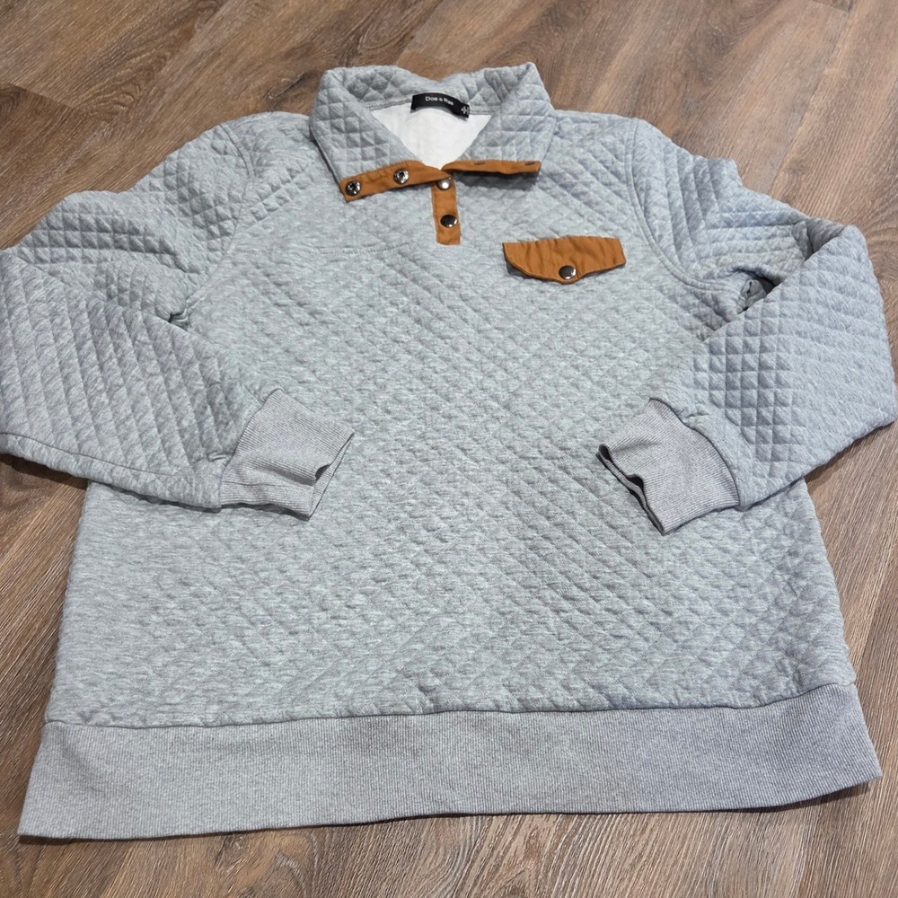 Doe & Rae Womens Quilted Snap Neck Pullover Sweatshirt Gray Brown Large 13497T